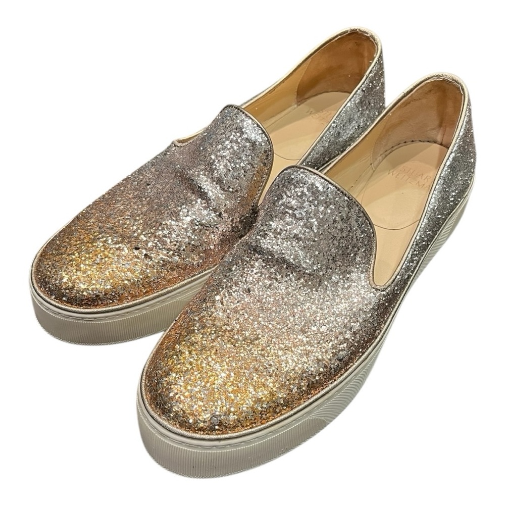 Stuart Weitzman Silver and Gold Glitter Slip-On Sneakers